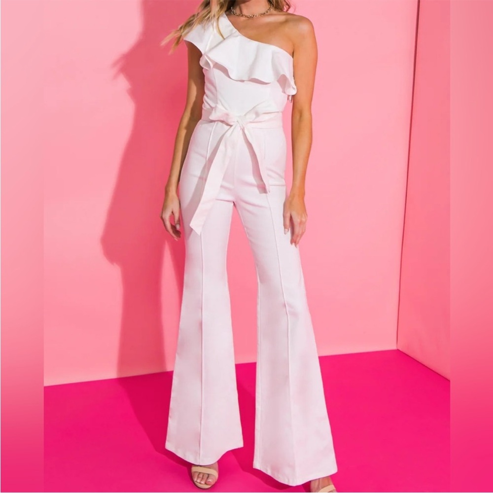 One-Shoulder white denim Jumpsuit
